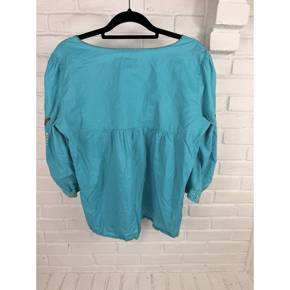 ECI New York XL Embroidered Boho Peasant Blouse Turquoise Floral Cotton - Picture 6 of 6